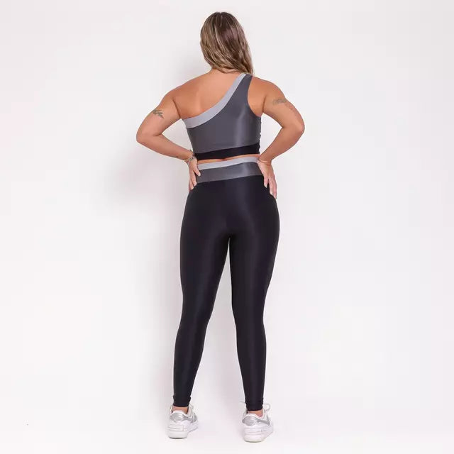 Legging + Top Tricolor Canelado de Compressão