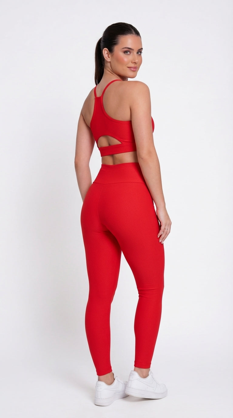 Legging + Top Canelado de Compressão - Vermelho