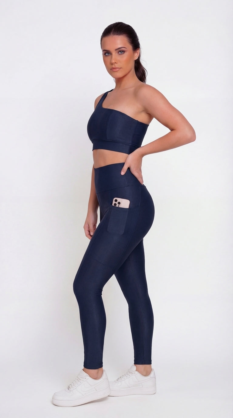 Legging + Top Canelado de Compressão - Azul Marinho