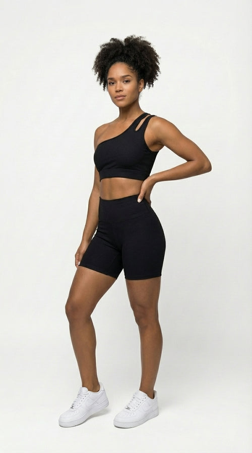 Conjunto Short + Top Canelado de Compressão com empina - Preto