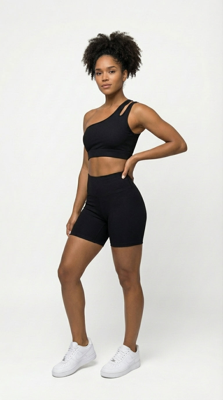 Conjunto Short + Top Canelado de Compressão com empina - Preto