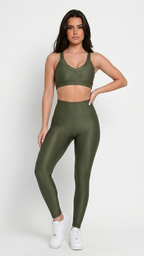 Conjunto Legging + Top Canelado de Compressão Verde Musgo