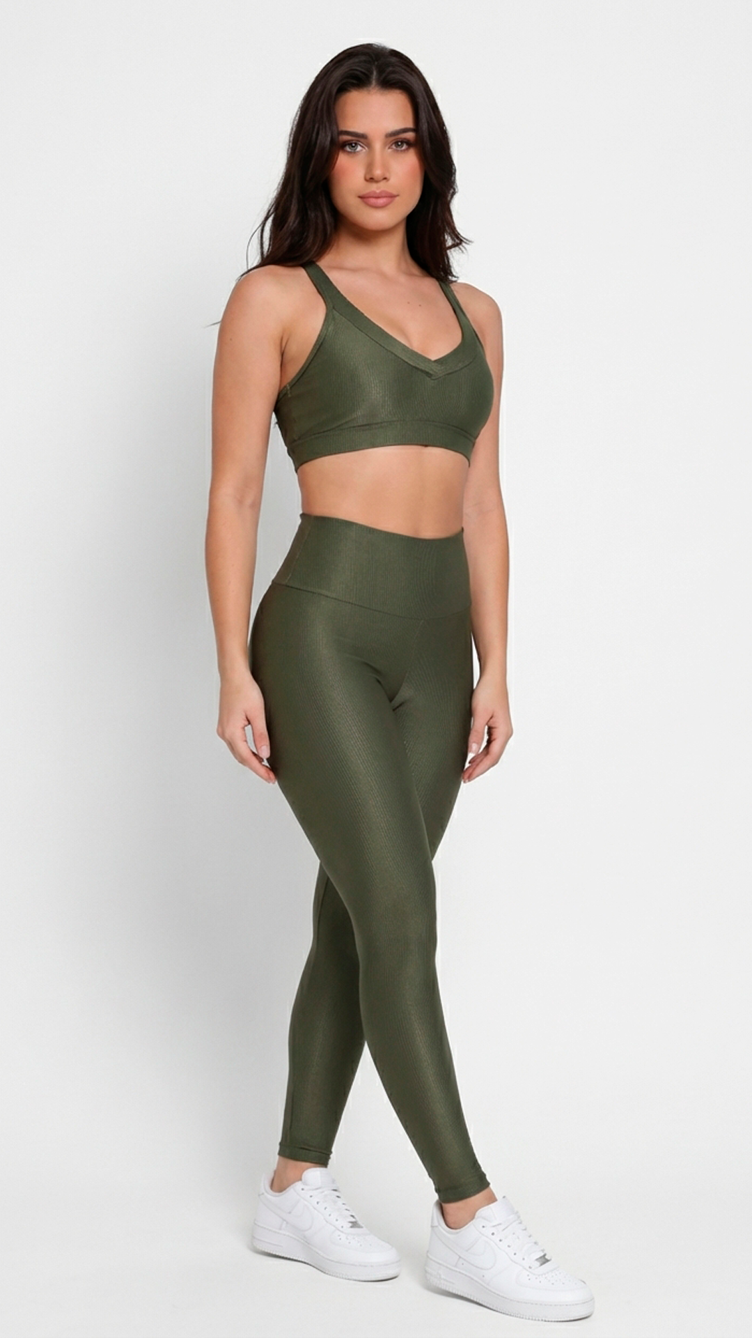 Conjunto Legging + Top Canelado de Compressão Verde Musgo